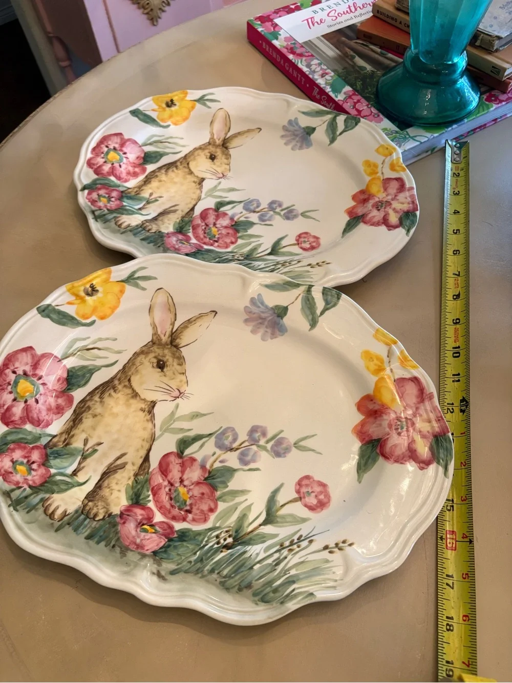 Floral Bunny Ceramic Serving Platter - White with Multicolor Floral Design